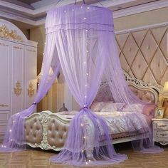 a purple canopy bed in a bedroom with lights on the headboard and foot board