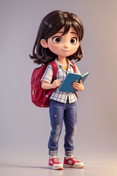 a girl with a backpack and book in her hands