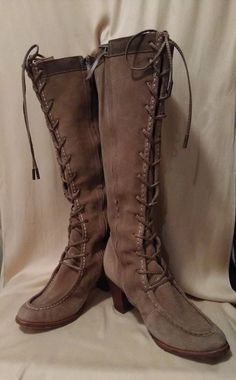 "REDUCED!Frye Light Brown Suede Leather Lace up Knee High Heeled Boots Size 8.5B are pre-owned and in very good conditions. Please view all photos carefully as they are part of the item's description. Measurements, 18\" tall, heel: 3\", Width: 3\" (ball of the boot), all measurements are approximate. Any questions please contact me thank you for stopping by." Fitted Leather Lace-up Boots For Fall, Fitted Western Lace-up Boots For Fall, Western Style Fitted Lace-up Boots For Fall, Tall Lace Up Boots, High Heeled Boots, Tall Brown Boots, Knee High Heels, High Heel Boots Knee, Beautiful Boots