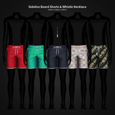 five men's swim trunks and shorts in different colors