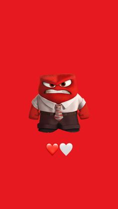 an angry red character with hearts on a red background