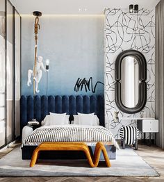 a modern bedroom with black and white decor