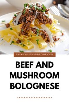 beef and mushroom bolognesee on a white plate with a fork in it