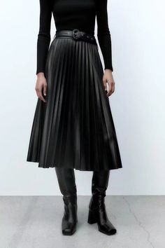 Leather Midi Pleated Skirt Chic Non-stretch Pleated Mini Skirt, Trendy Long Skirt For Fall, Black Non-stretch Pleated Skirt For Fall, High Waist Lined Skirt For Fall, Trendy Relaxed Winter Skirt, Pleated Non-stretch Skirt For Workwear, High Waist Pleated Skirt For Fall, High-waist Stretch Pleated Skirt For Fall, High Waist Stretch Pleated Skirt For Fall