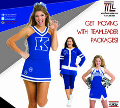 two cheerleaders in blue uniforms with the words get moving with team leader packages