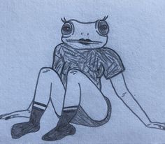 a drawing of a frog sitting on the ground with its legs crossed and eyes wide open