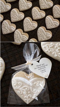 heart shaped cookies on a cooling rack with a thank you for your love message in the middle