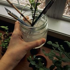 a hand holding a jar filled with water and pencils next to potted plants