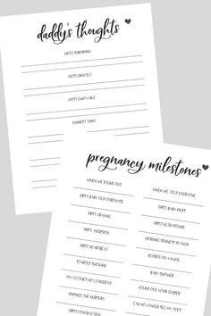 two printable baby shower game cards with the words, baby's thoughts