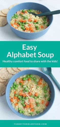 two bowls filled with soup next to crackers on the side and an easy alphabet soup recipe