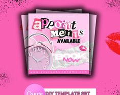 a pink poster with the words appunt men's available next to an alarm clock