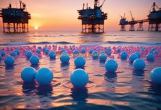 many balls are floating in the water near an oil rig and other structures at sunset