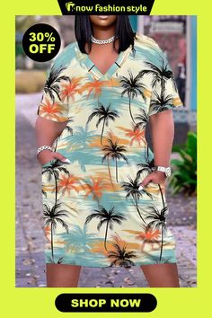 knowfashionstyle Tropical Print V Neck Short Sleeve Pockets Plus Size Striaght Loose T-shirt Midi Dresses Graphic Print Short Sleeve Dress For Vacation, Short Sleeve Graphic Print Dress For Vacation, T Shirt Midi Dress, Tropical Print, Midi Dresses, Wholesale Fashion, Plus Size Dresses, Dresses Online, Midi Dress