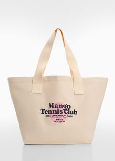 Printed tote bag - Women | Mango USA Moma Store Products, Cotton Double Handle Bag With Logo Print, Sporty Rectangular Cotton Bag, White Tote Bags For Sports Events, White Tote Bag For Sports Events, White Cotton Sporty Bag, Sporty White Canvas Tote Bag, White Sporty Rectangular Canvas Bag, White Rectangular Sporty Canvas Bag