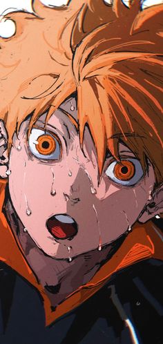 an animated image of a boy with orange hair and blue eyes looking at the camera