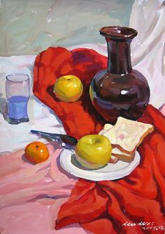 an oil painting of apples and cheese on a plate next to a vase with a red cloth