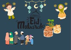 happy eid mubarak greeting card with cartoon characters and food on dark blue background