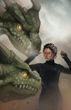 a woman standing in front of two green dragon's with their hands up to her head