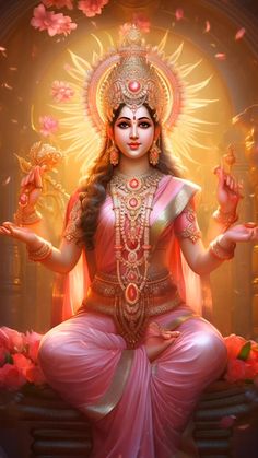 the hindu goddess sitting in front of flowers