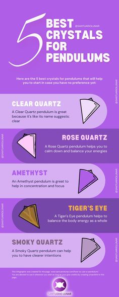 the five best crystals for pendulums infographical poster with description and description on purple background