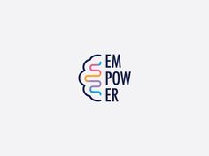 the em power logo is shown in blue, yellow and pink colors on a white background