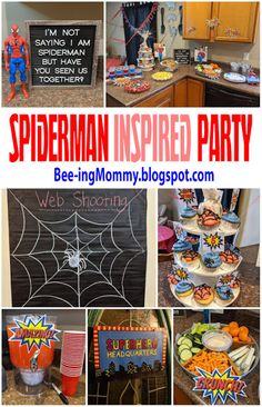 spiderman inspired party with lots of food and decorations