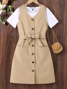 Girls Button Front Belted Dual Pocket Dress Without Tee | SHEIN USA Dress With Front Pockets, Cute Simple Dresses Casual, Simple Short Dresses Casual, Dresses For Kids 11-12 Casual, Cute Short Dresses Casual, Free Style Dress, Simple Dresses Casual, White Shirt Outfit