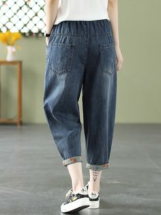 Material Denim , >70%Cotton Style Loose , Harem pants Feature Elasticity , Applique Occasion Casual , Vintage , Artistic Retro Seasons Spring , Summer Type Jean Pants Bottoms Color DENIM BLUE Size M,L,XL