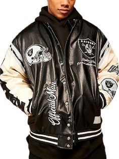 NFL Las Vegas Raiders Oversized Bomber Jacket Varsity Leather Jacket, Varsity Letterman Jackets, Aviator Jackets, Letterman Jacket, Las Vegas Raiders, Denim Jacket Men, Tracksuit Women, Denim Jacket Women, Leather Jackets Women