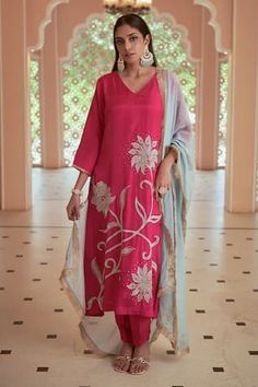 Bright pink A-line kurta with contrast floral embroidery. Comes with pant and contrast dupatta adorned with fringe lace. - Aza Fashions Contrast Dupatta, Silk Kurta Set, Kurta Set For Women, A Line Kurta, Silk Kurta, Organza Dupatta, Kurta Set, Pants Pattern, Pink Silk