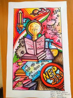 a poster with some writing on it and a light bulb in the middle, surrounded by other items