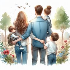 a family is standing in front of some trees and flowers with their arms around each other