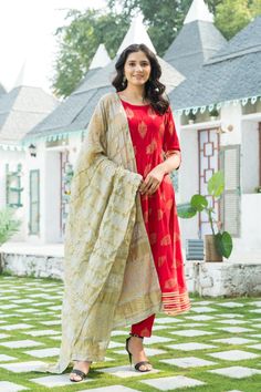 RED RAYON ETHNIC MOTIFS WITH GOTA PATTI WORK ANARKALI SUIT SET Bandhej Dupatta, Buy Salwar Kameez Online, Red Anarkali, Indian Party Wear, Salwar Kameez Online, Anarkali Kurta, Rayon Pants, Anarkali Suit, Kurta With Pants