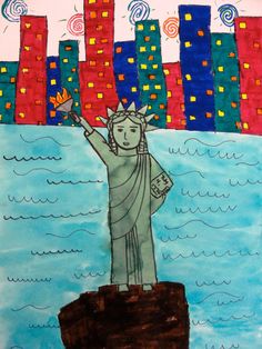 a drawing of the statue of liberty on top of a rock in front of a city skyline