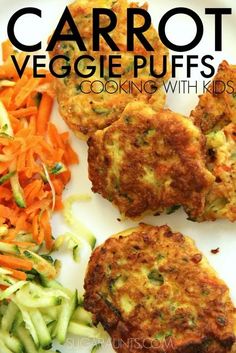 carrot veggie puffs on a white plate with vegetables