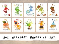 the alphabet handprint art is displayed on a wooden surface