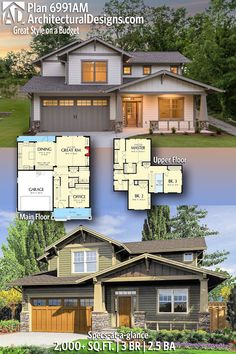 two story house plans with garage and living room in the front, an open floor plan for