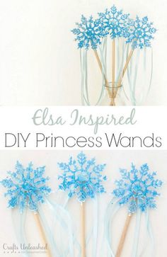 four blue flowers in vases with text overlay that reads, elsa inspired diy princess wands