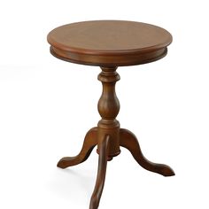 a small wooden table with two legs and a round top on an isolated white background