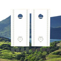 there are two white boxes with faces on them in the grass near some mountains and water