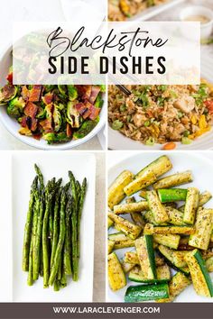 six different side dishes with text overlays that reads, blackstone side dishes