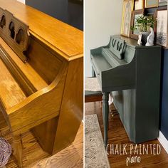 an old piano turned into a desk with drawers and mirror on top, next to a new one