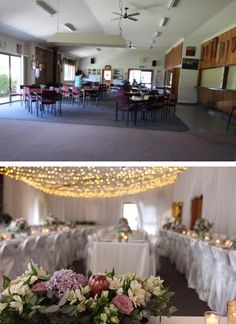 two pictures of tables with flowers and candles on them