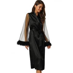 Mesh sheer sleeve, stylish fashion robe for everyday. Suitable for Bridal Party, wedding eve, night, bath, shower, loungwear, sleeping, also a great gift for holiday, birthday, anniversary. Unique robe with faux feather trim, mesh long sleeves, semi sheer, make it more stylish for night wear. These women's sleepwears set use soft breathable pure satin, give you a unique sleepwear exprience. Design: solid color sheer mesh long sleeve robe, the robe is casual but comfy. You have many choice to mat Elegant Fitted Party Robe, Sheer Fitted Party Robe, Elegant Long Sleeve Sleepwear, Elegant Robe For Wedding Night In Spring, Elegant Spring Wedding Night Robe, Elegant Sheer Robe For Party, Elegant Long Sleeve Sleepwear For Wedding Night, Elegant Long Sleeve Summer Sleepwear, Long-sleeved Black Bridesmaid Dress