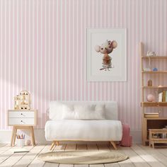 a room with pink and white striped walls