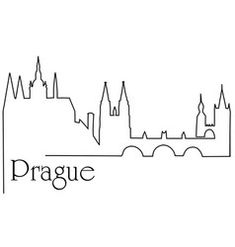 the prague skyline is shown in black and white, as well as an outline of buildings