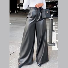 Host Pick Best In Boutiques Black High Waisted Vegan Faux Leather Palazzo Pants (S) Whether Business Or Pleasure, These Pants Are Great For Any Occasion! Holiday Parties, Dinner Parties, Work. Perfect For Fall Or Winter. You Won’t Find These In Other Boutiques! Last One Boutique Items Are New Pu Coated Faux Leather Pants With Pleats Blended Fabrics Matte Finish With Slight Shine Micro Elastic Button Closure Zip Fly Tags Are Letter Size Approximate Measurements Laying Flat S (2-4) Waist 13” Insea High Waist Wide Leg Trousers, Pant Trousers Women, High Waist Fashion, Flare Trousers, Loose Pants, Faux Leather Pants, Work Casual, Fashion Drawing, Wide Leg Trousers