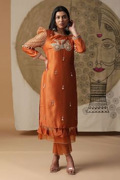 Burnt orange kurta with bike motif hand embroidery, lace work and cori shells on sleeves. Paired with a straight pant with scalloped hem and an embroidered dupatta. - Aza Fashions Jayanti Reddy, Anushree Reddy, Kurta Pant Set, Rohit Bal, Tarun Tahiliani, Pant Set For Women, Embroidered Dupatta, Luxury Sale, Kurta With Pants