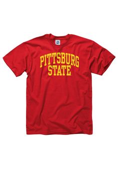 Show off your team pride in this Pitt State Gorillas Red Arch Short Sleeve T Shirt! This Pitt State Short Sleeve Tee features a screen printed wordmark `Pittsburg State`. Make sure everyone knows you root for the Gorillas with this Red Pitt State T Shirt. Always a Gorilla! Classic Fit, Tubular construction, Taped neck and shoulders, Quarter-turned to eliminate center crease, Unisex, Fit: True to Size, 100% Cotton Cheap Sports T-shirt With Graphic Design, Red Team Jersey T-shirt, Red Jersey T-shirt With Team Name, University Red Crew Neck Top For School Spirit, Red Jersey T-shirt For Sports Season, Red Graphic Print Jersey T-shirt, Red Letter Print Tops For College, University Red Team Spirit Top For College, Pre-shrunk University Red Sporty Tops