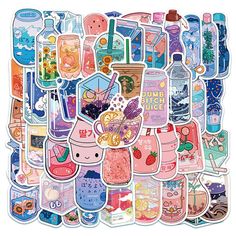 a bunch of stickers that are on the side of a white wall with various items in them